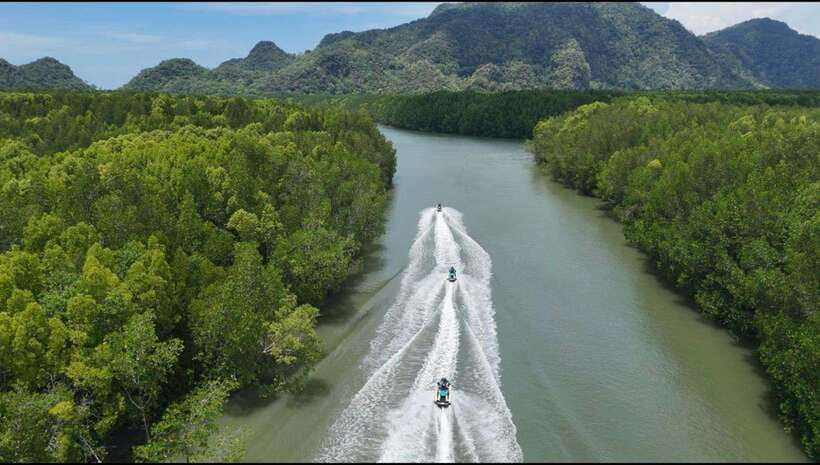 Langkawi: Mangrove Jet Ski Tour with Drone Video - Mangrove river, cliffs, and very old rock